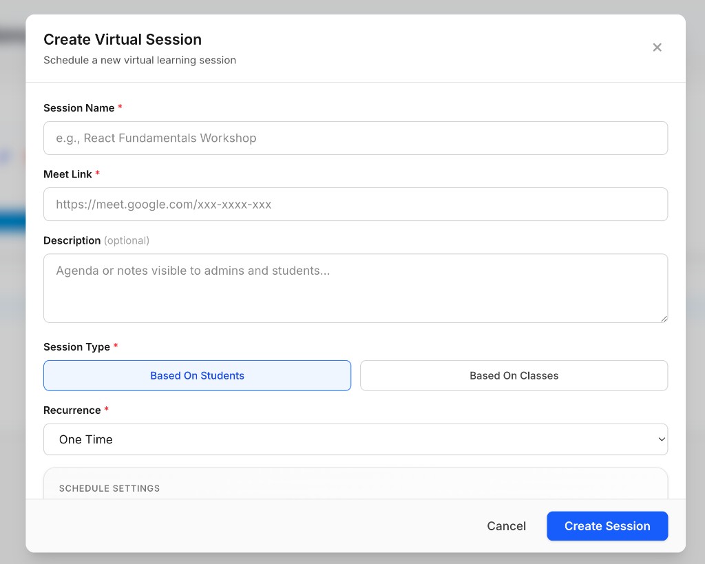 Create Virtual Session form — session name, meet link, description, session type, and recurrence