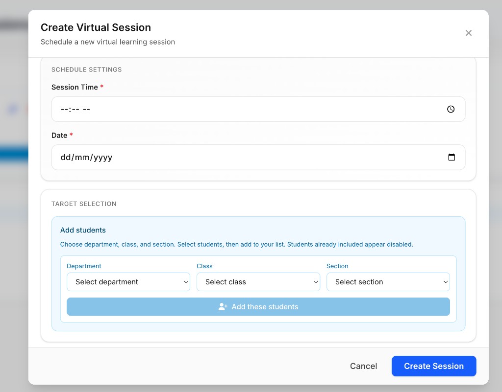 Schedule settings and target selection for virtual session
