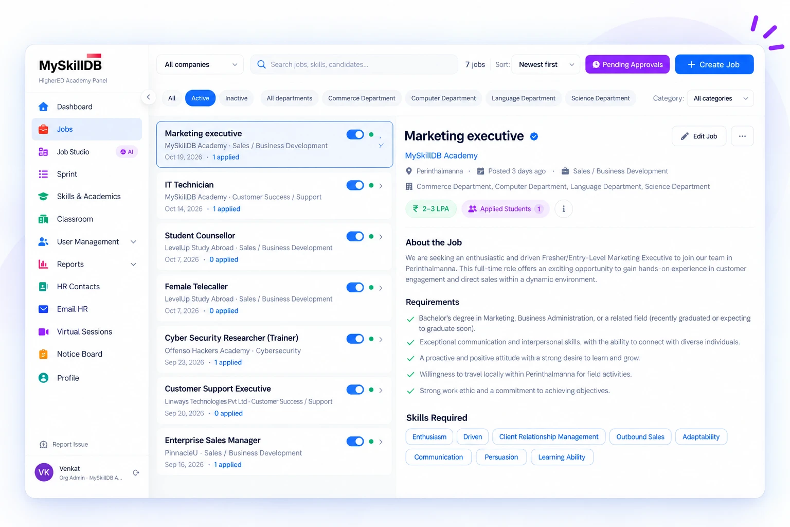 The Career & Learning Hub: jobs list with the skills parsed for each job